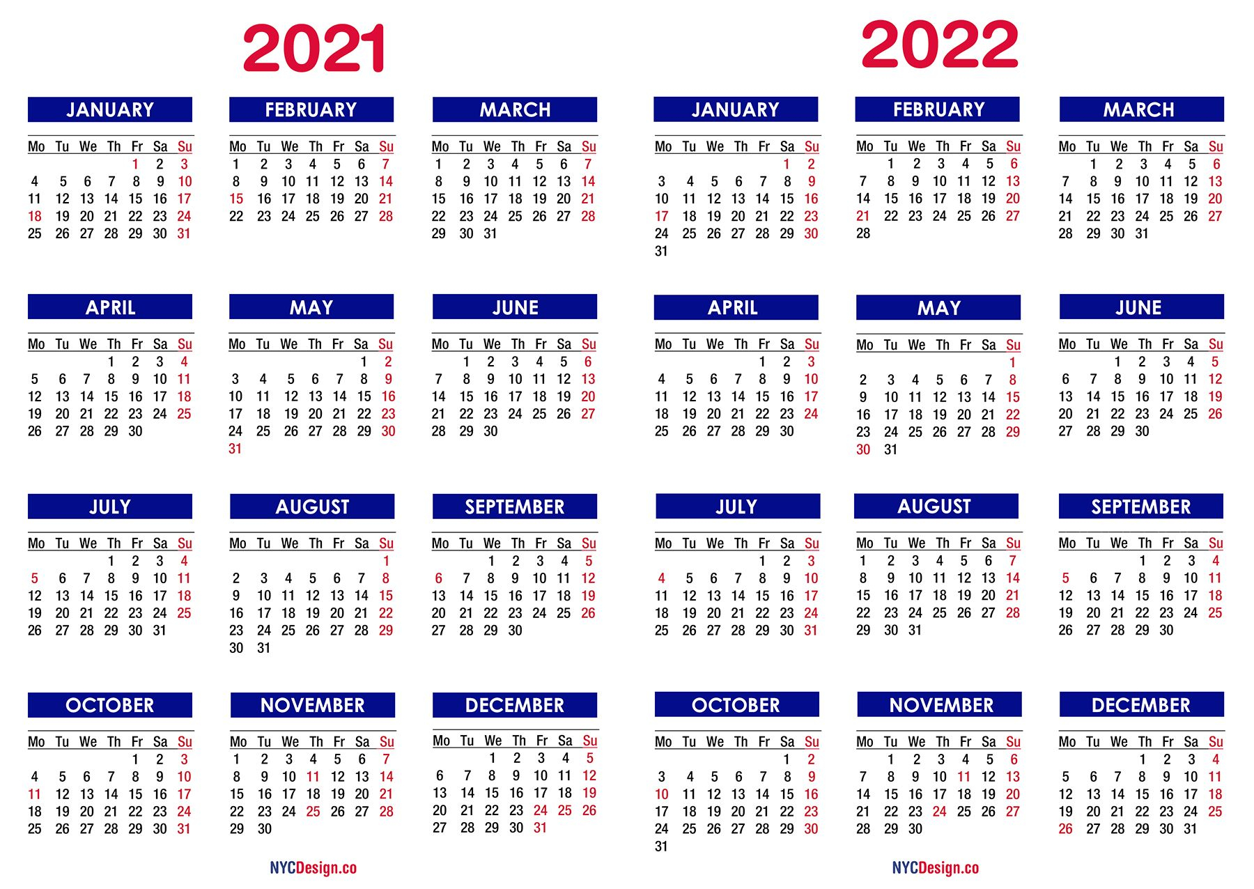 2021 2022 two year calendar with holidays, printable