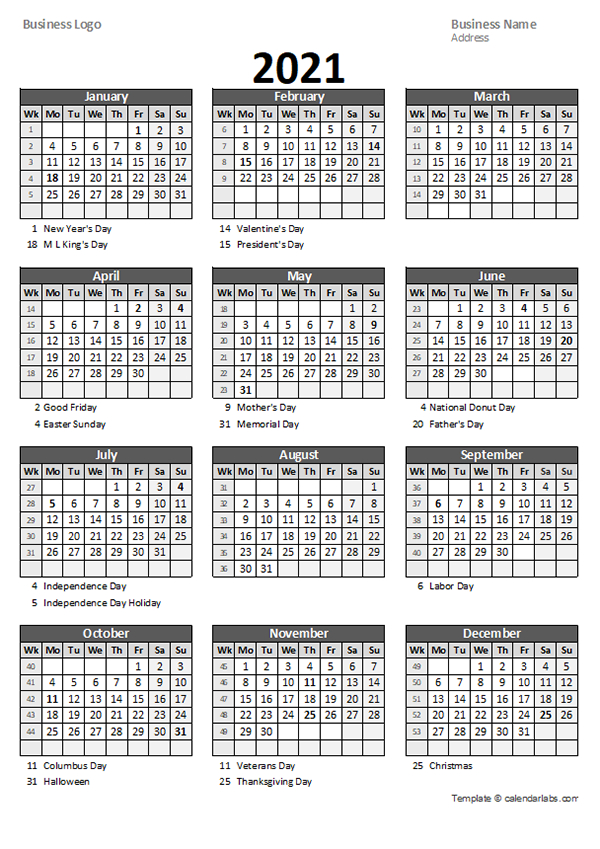 2021 Calendar With Week Numbers Printable