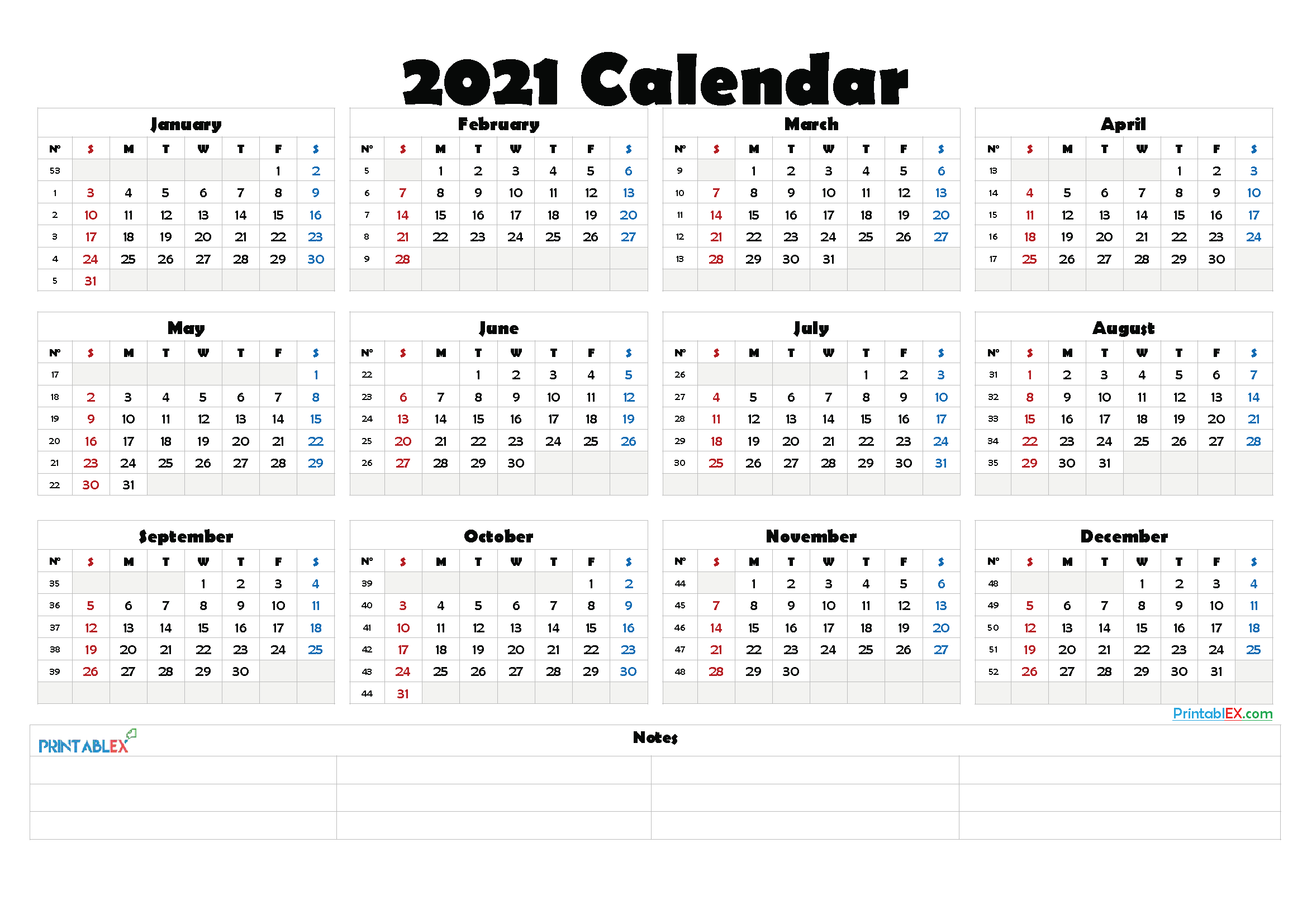 2021 Free Printable Yearly Calendar 21ytw155 | Printable