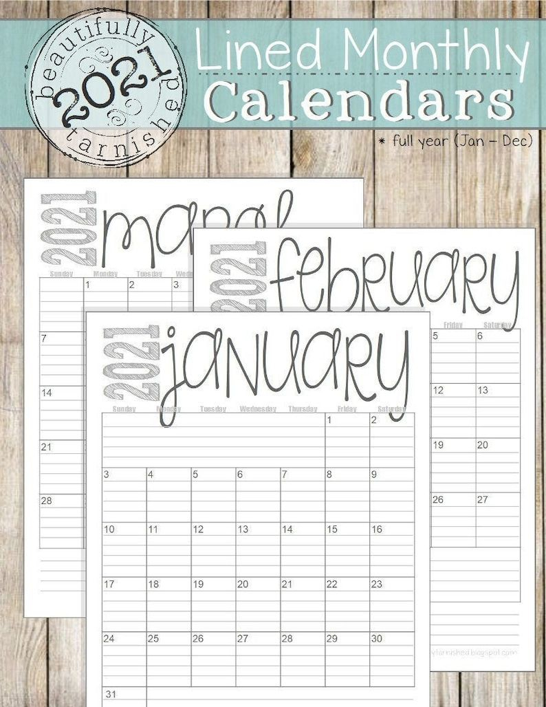 2021 Lined Monthly Calendars Full Year Printable Download