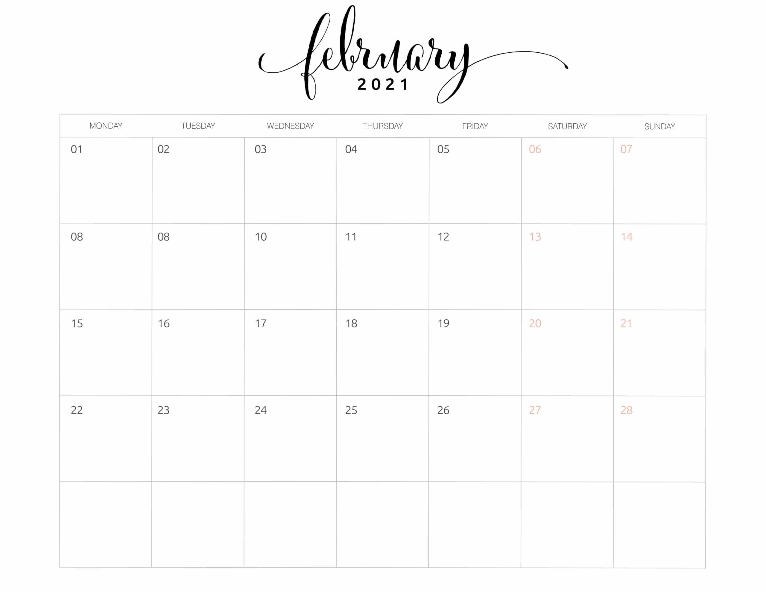 2021 Monthly Calendar Monday Start World Of Printables