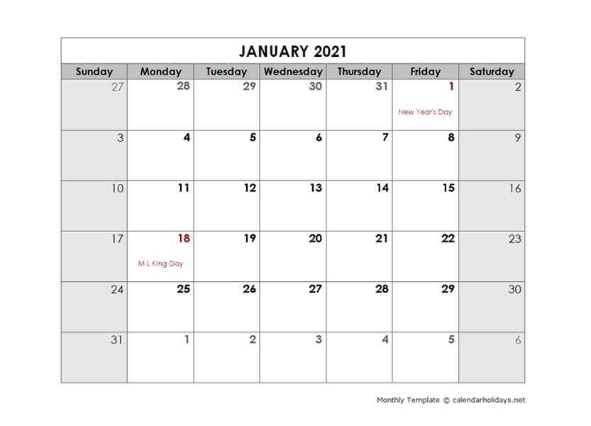 2021 Monthly Template Calendarholidays