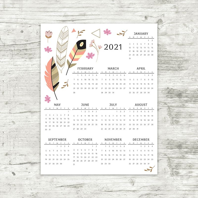 2021 year at a glance calendar | feathers | printable