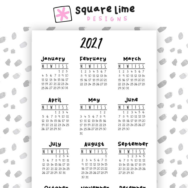 2021 Year At A Glance Printable Calendar Full Page A5 Pdf