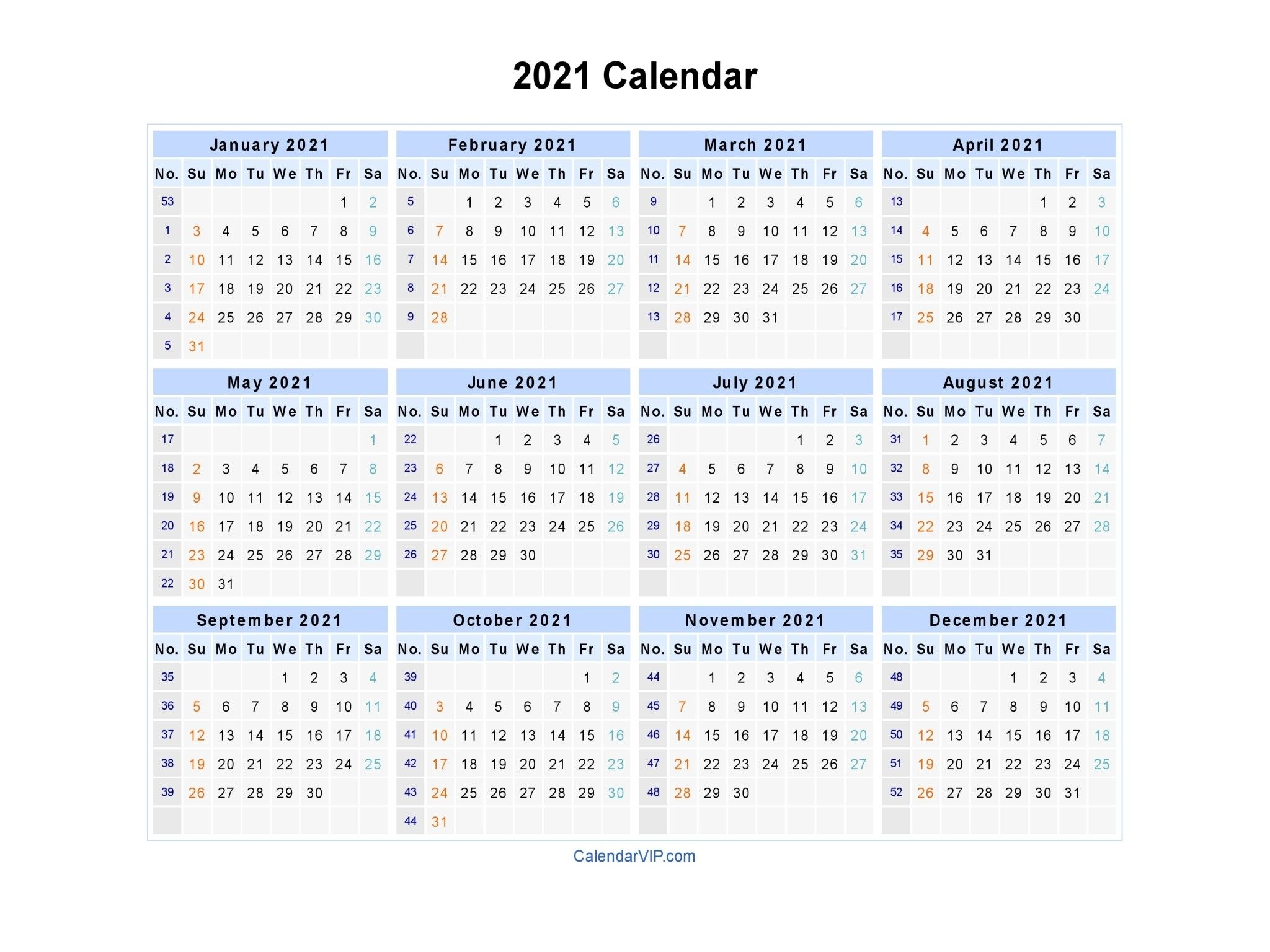 2021 Yearly Calendar With Boxes | Calendar Template Printable