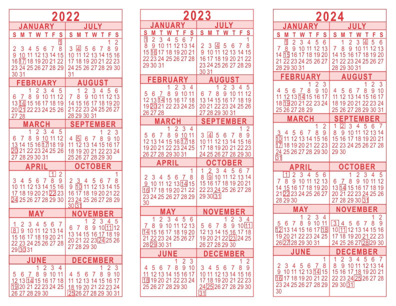 2022 2023 2024 3 year calendar