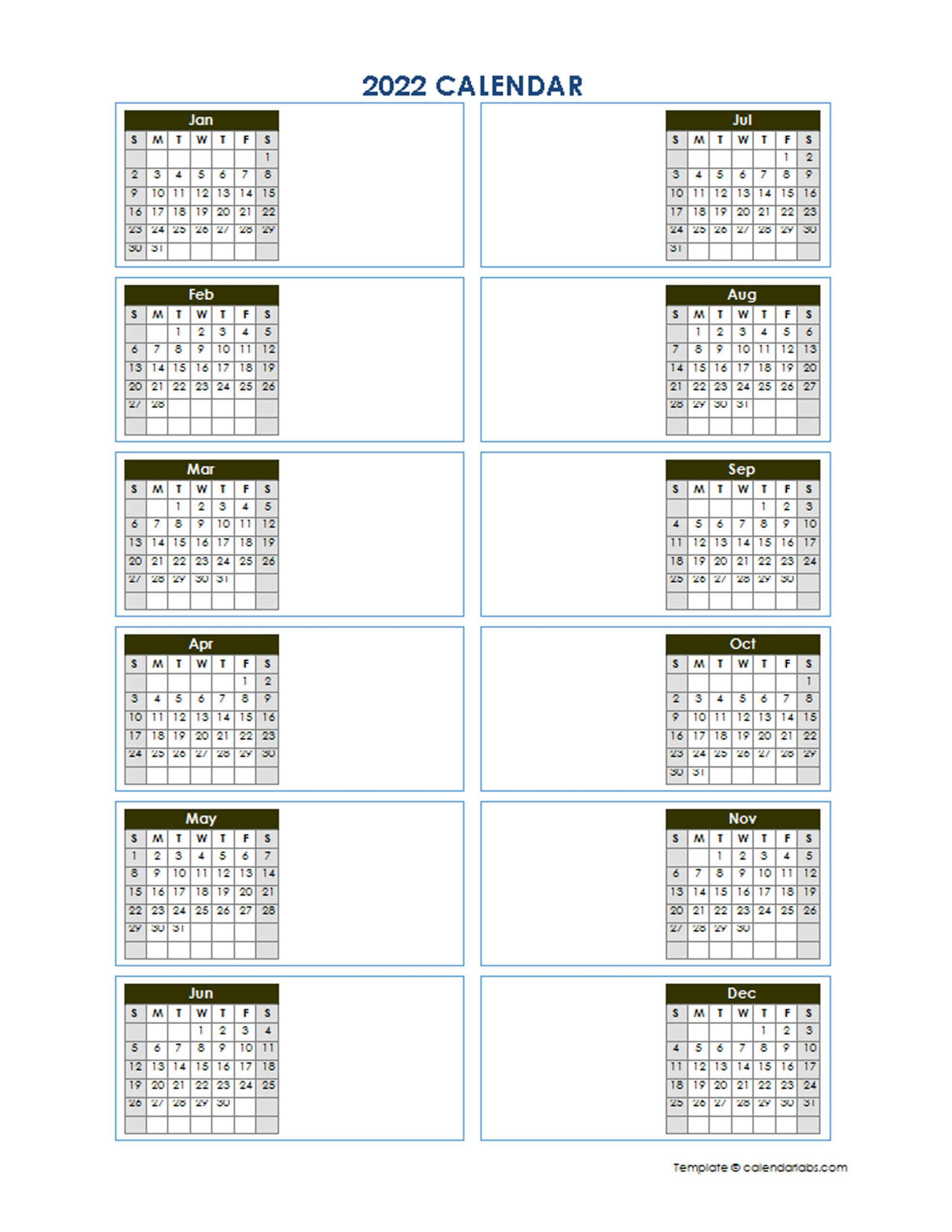 2022 blank yearly calendar template vertical design free