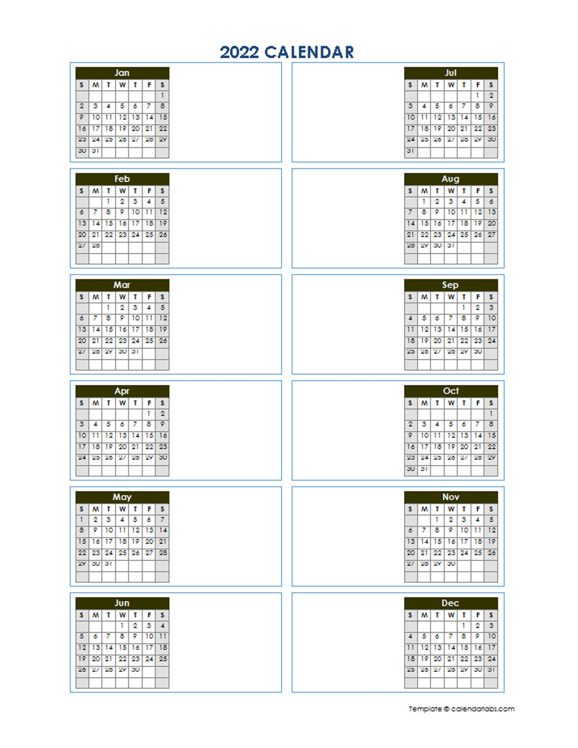 2022 Blank Yearly Calendar Template Vertical Design Free