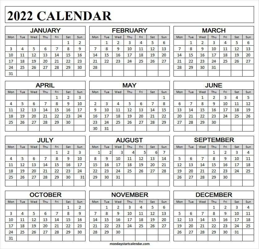 2022 Calendar Free Printable Start Monday | Latest