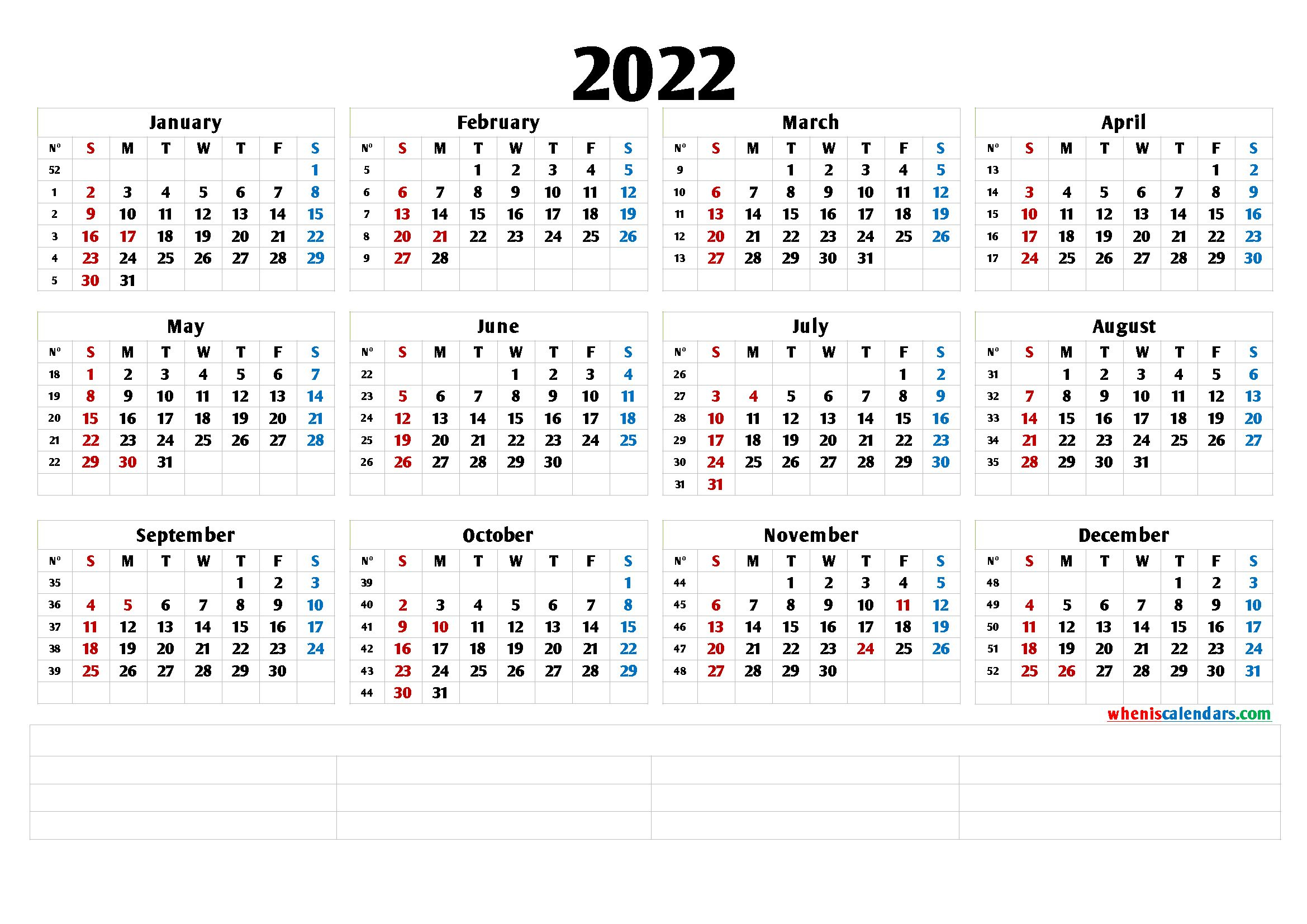 2022 free printable yearly calendar with week numbers (6