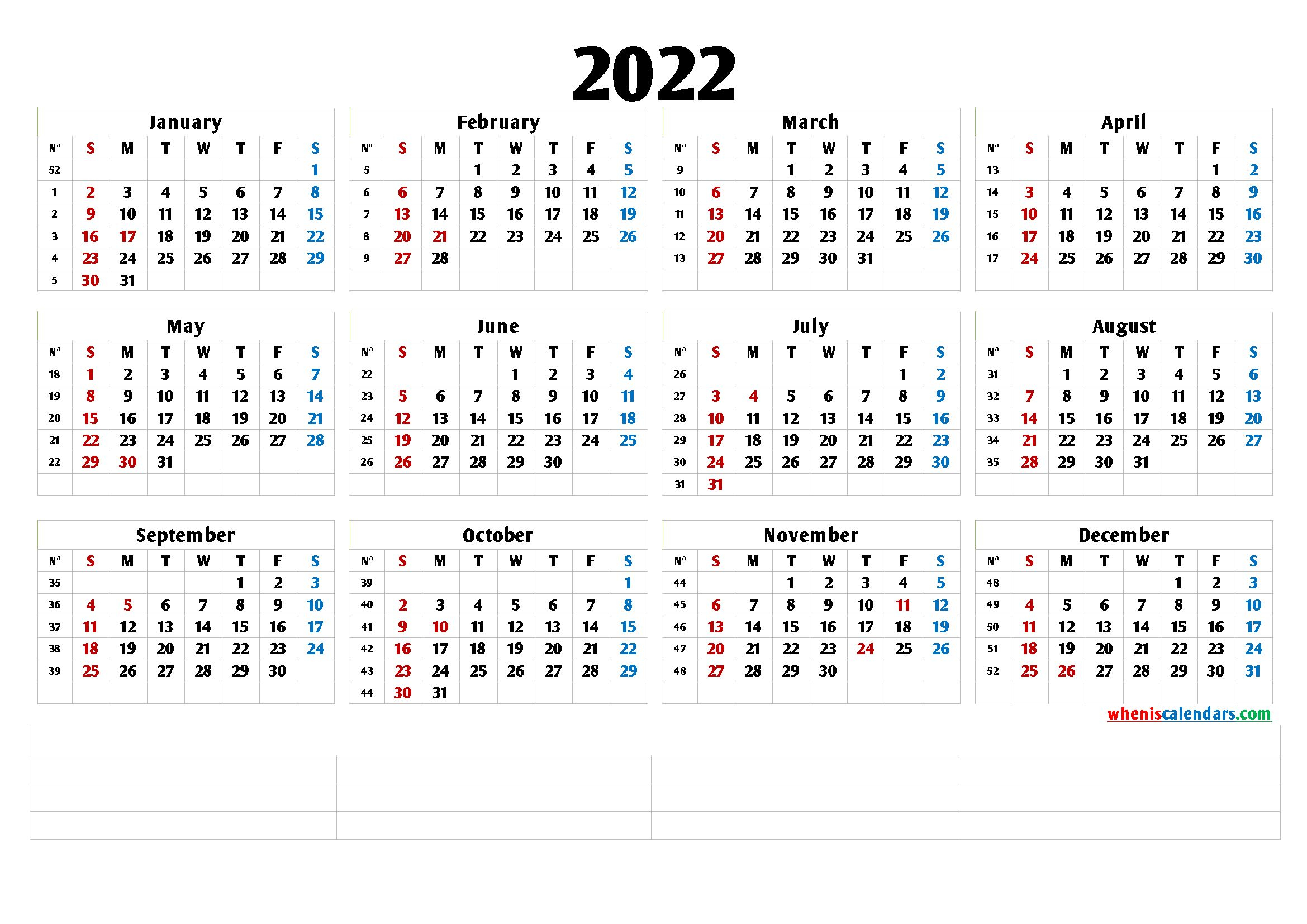 2022 Free Printable Yearly Calendar With Week Numbers (6