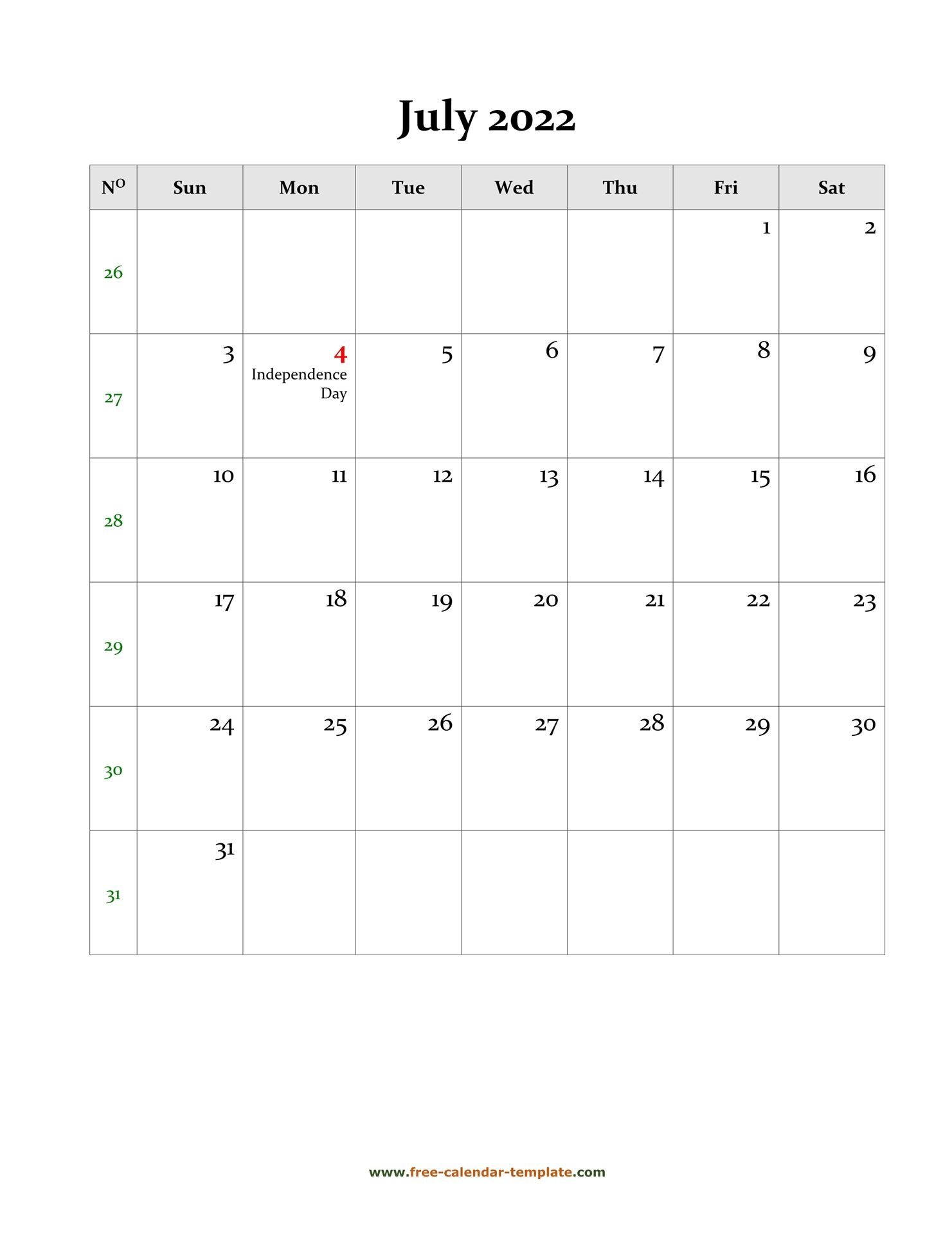 2022 July Calendar (blank Vertical Template) | Free
