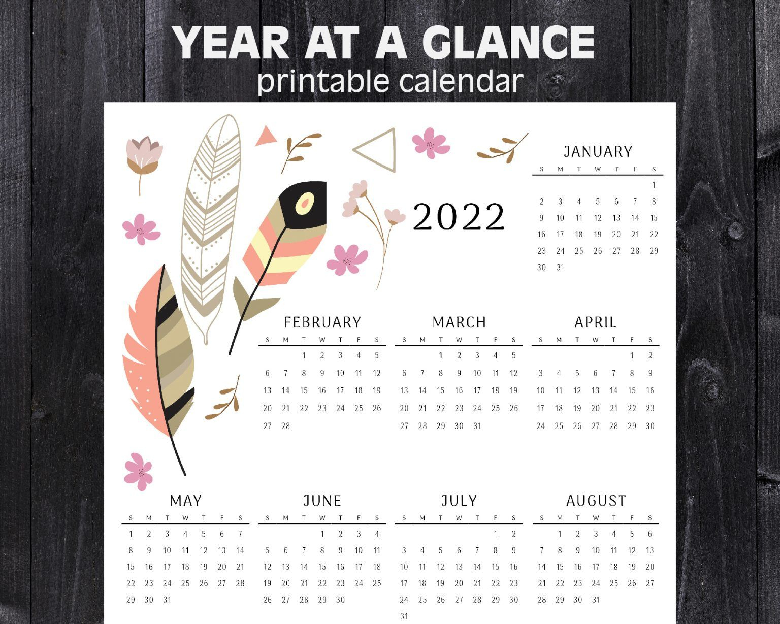 2022 Year At A Glance Calendar | Feathers | Printable