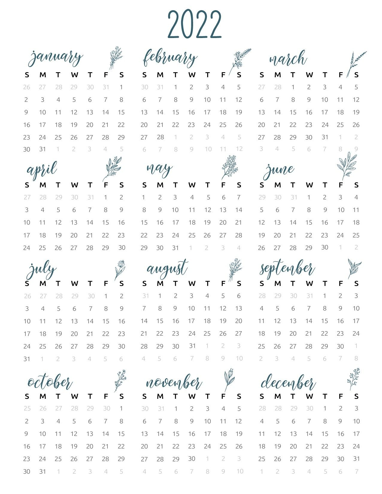 2022 yearly calendar printable world of printables