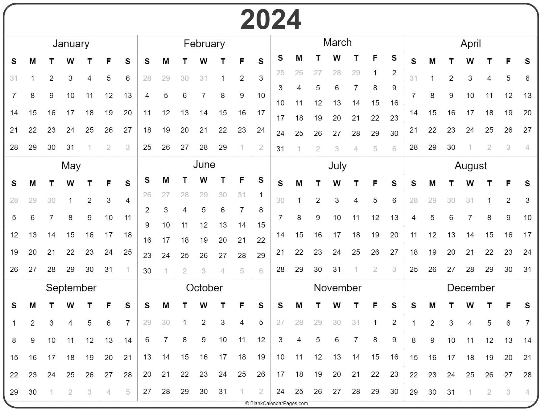 2024 Year Calendar | Yearly Printable