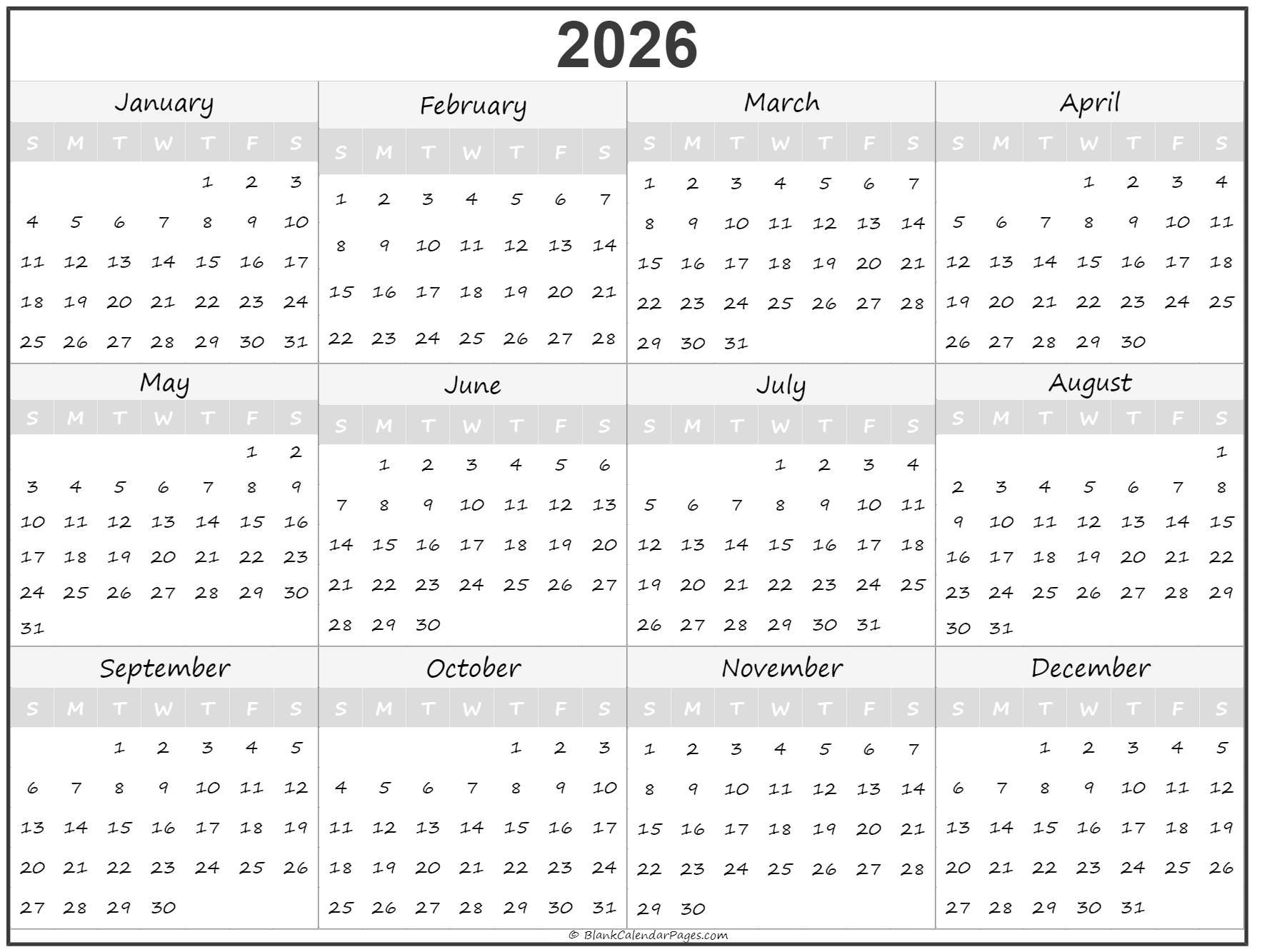 2026 Year Calendar | Yearly Printable