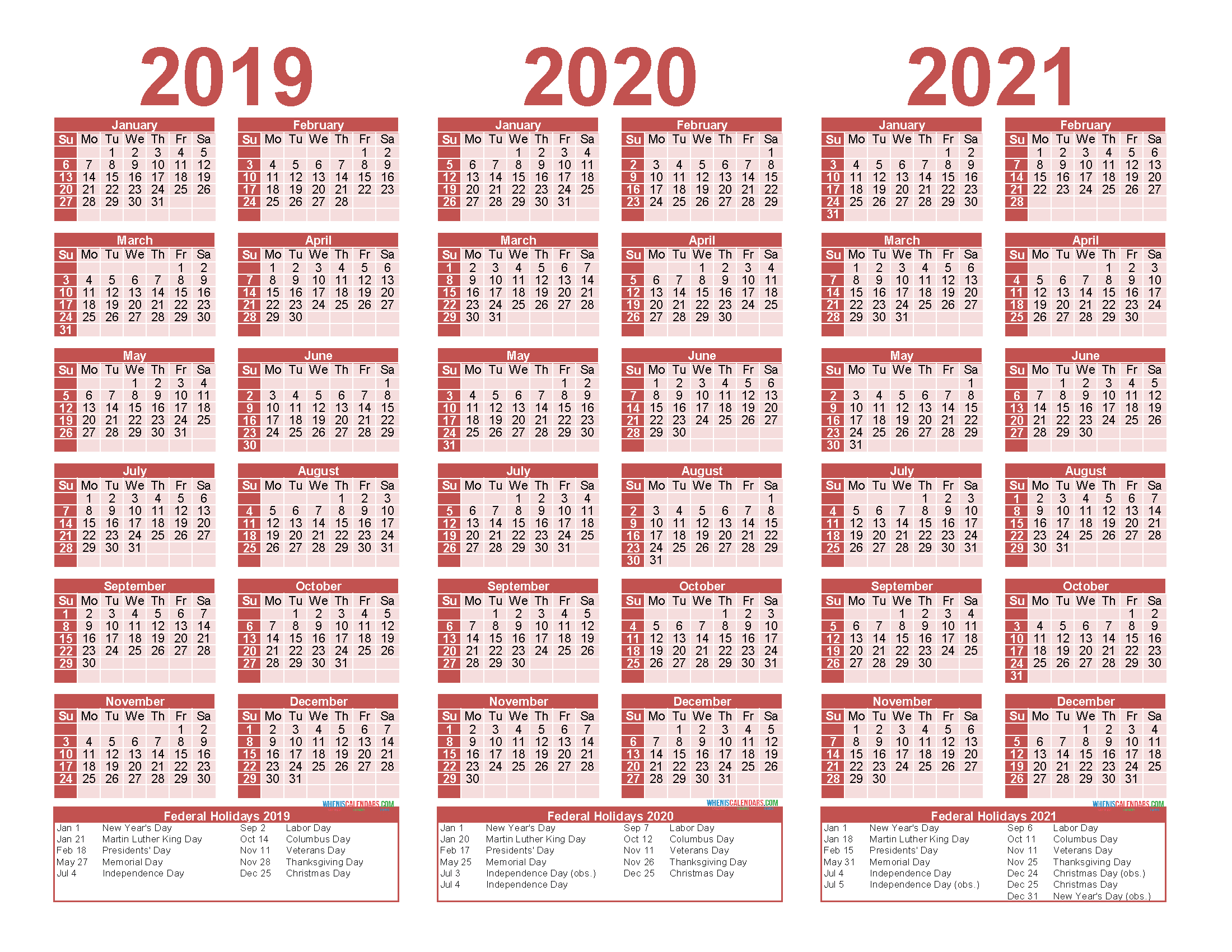 3 year calendar 2019 to 2021 printable with holidays
