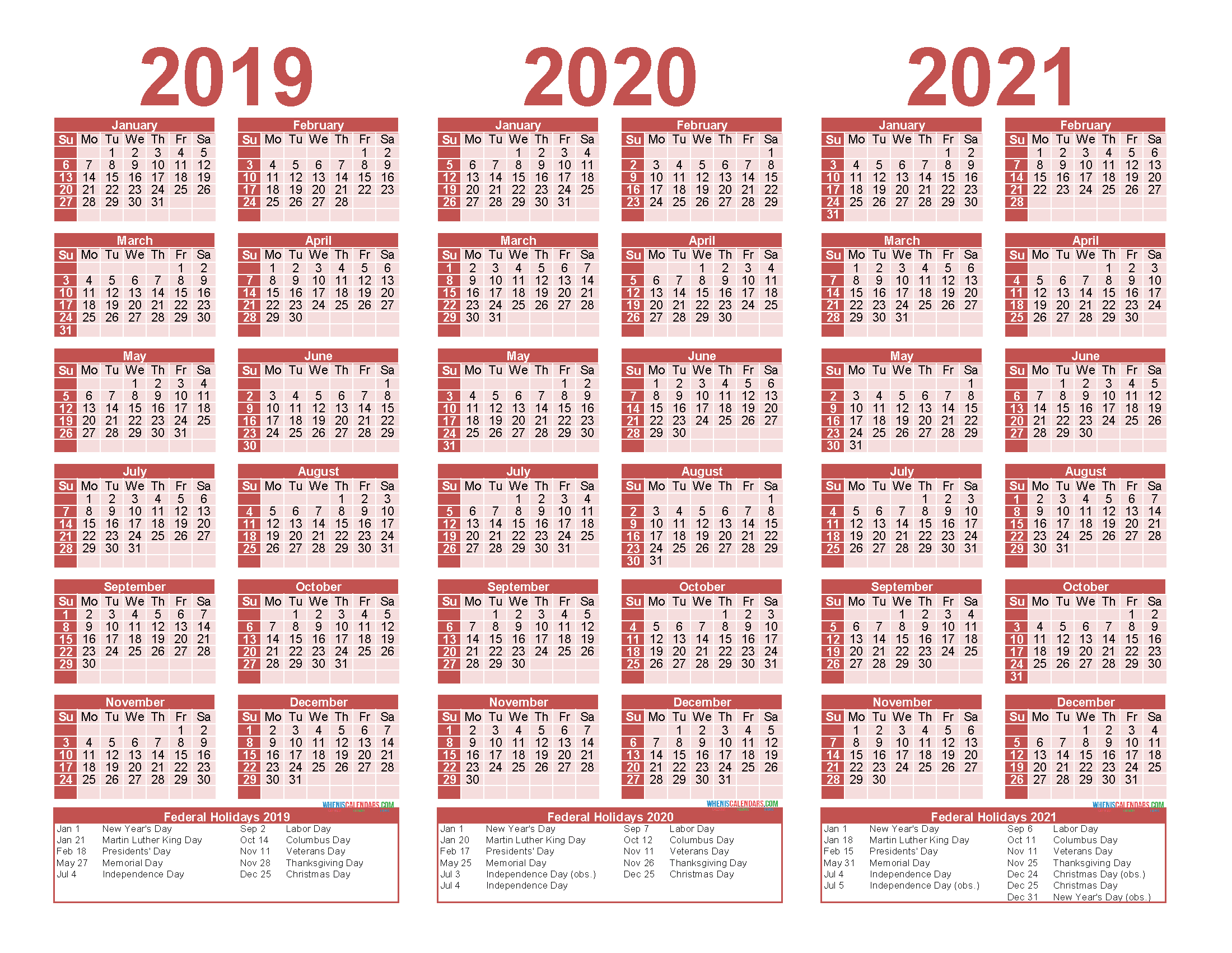 3 Year Calendar 2019 To 2021 Printable With Holidays