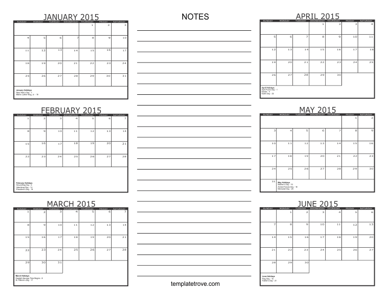 6 Month Calendar 2015