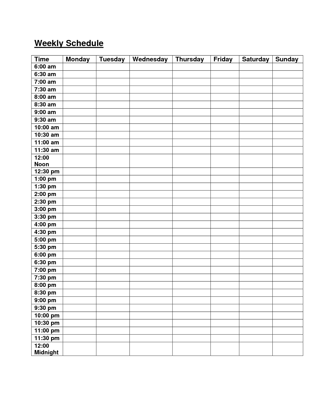 6am Midnight Hourly Weekly Schedule Planner | Schedule