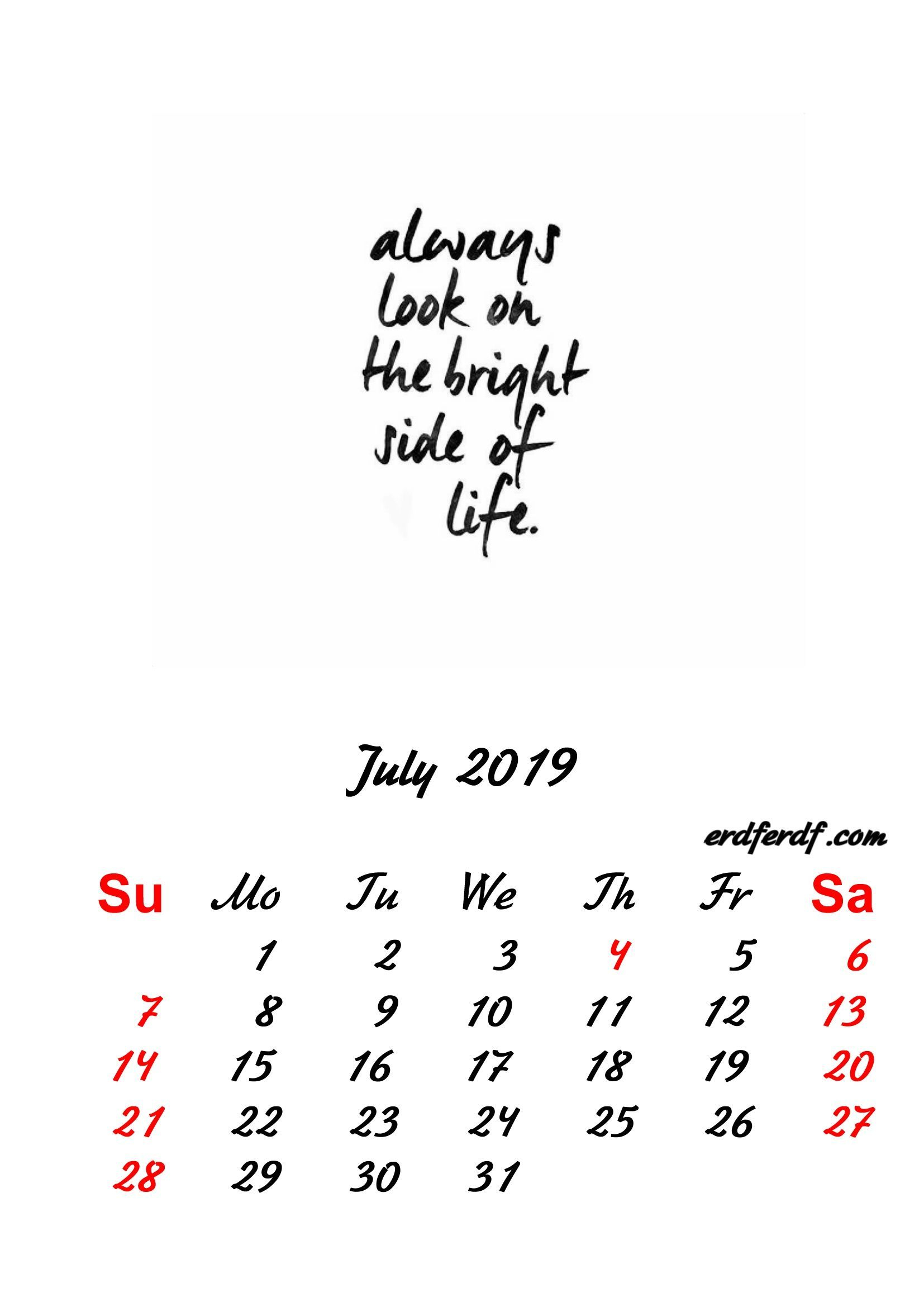7 July 2019 Inspirational Quotes Pprintable Calendar