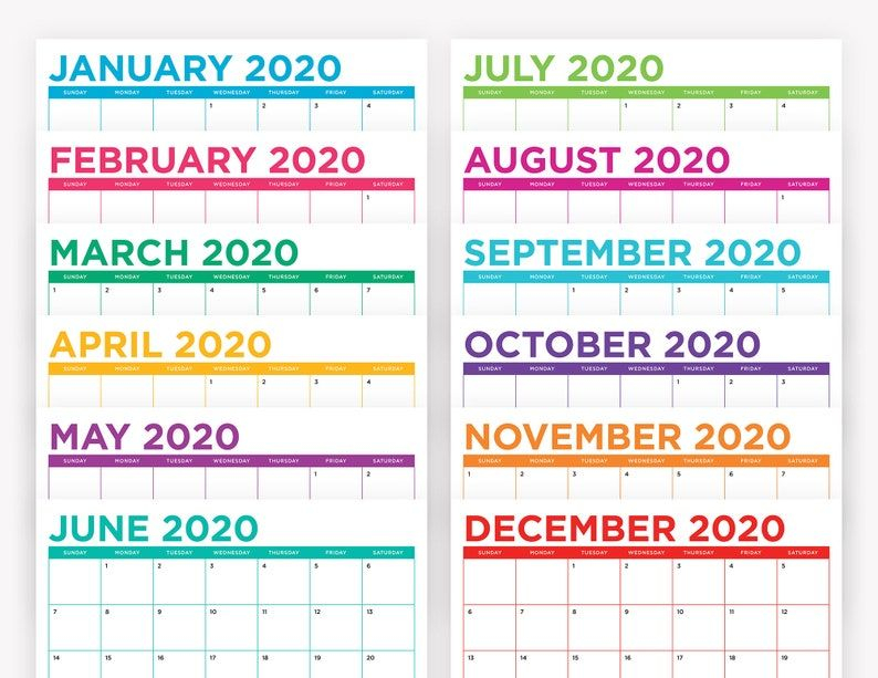 8 5 X 11 Inch Color 2020 Calendar Template Instant