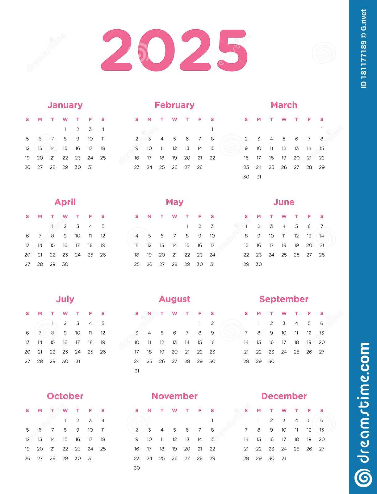Annual Calendar For 2025 Stock Vector Illustration Of