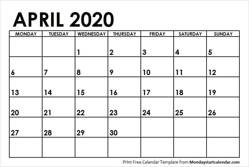 April 2020 Calendar Monday Start | April Month Template