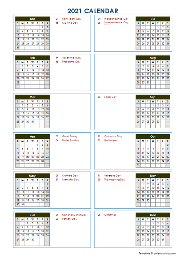 At A Glance 2021 Calendar | Free Letter Templates