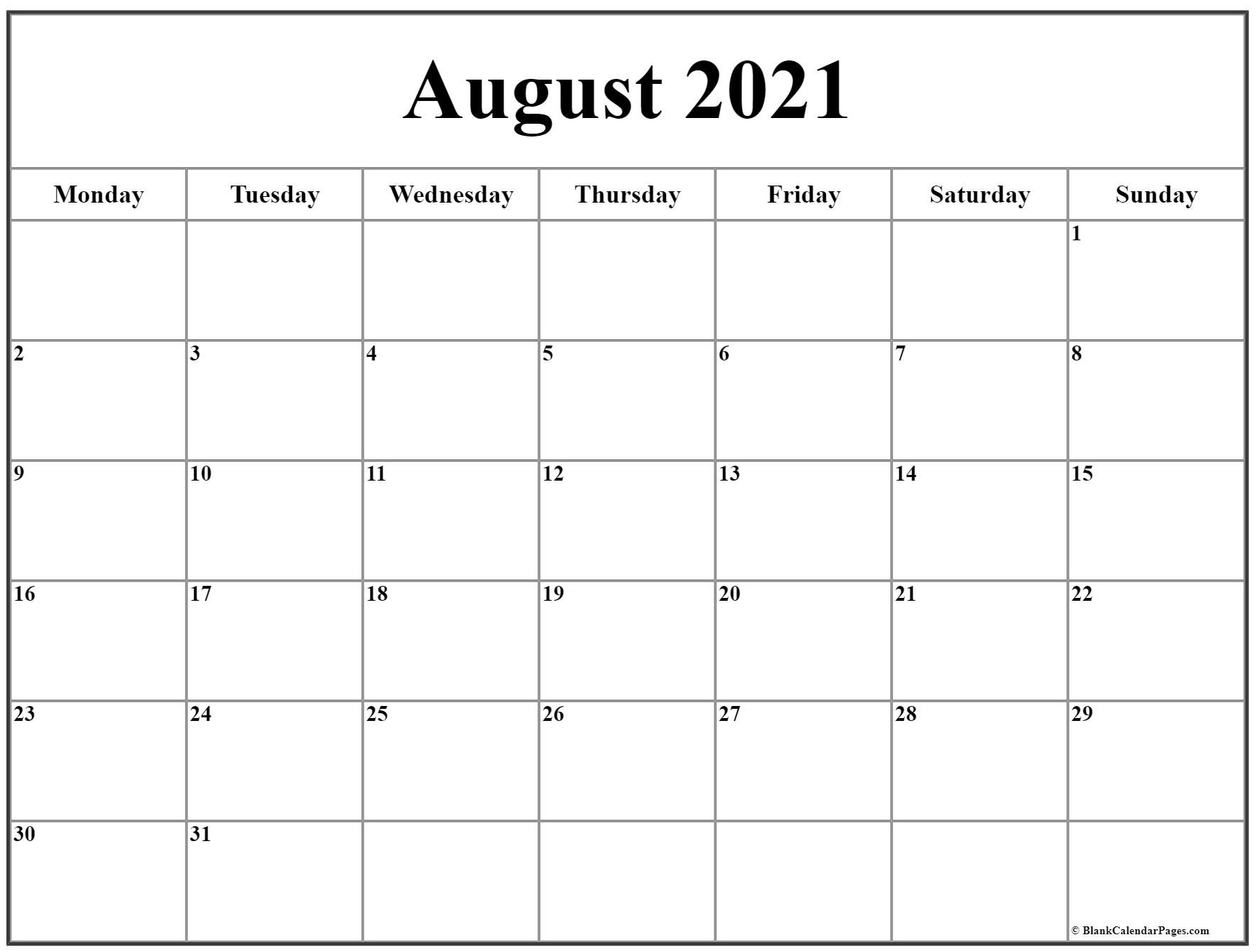 August 2021 Monday Calendar | Monday To Sunday