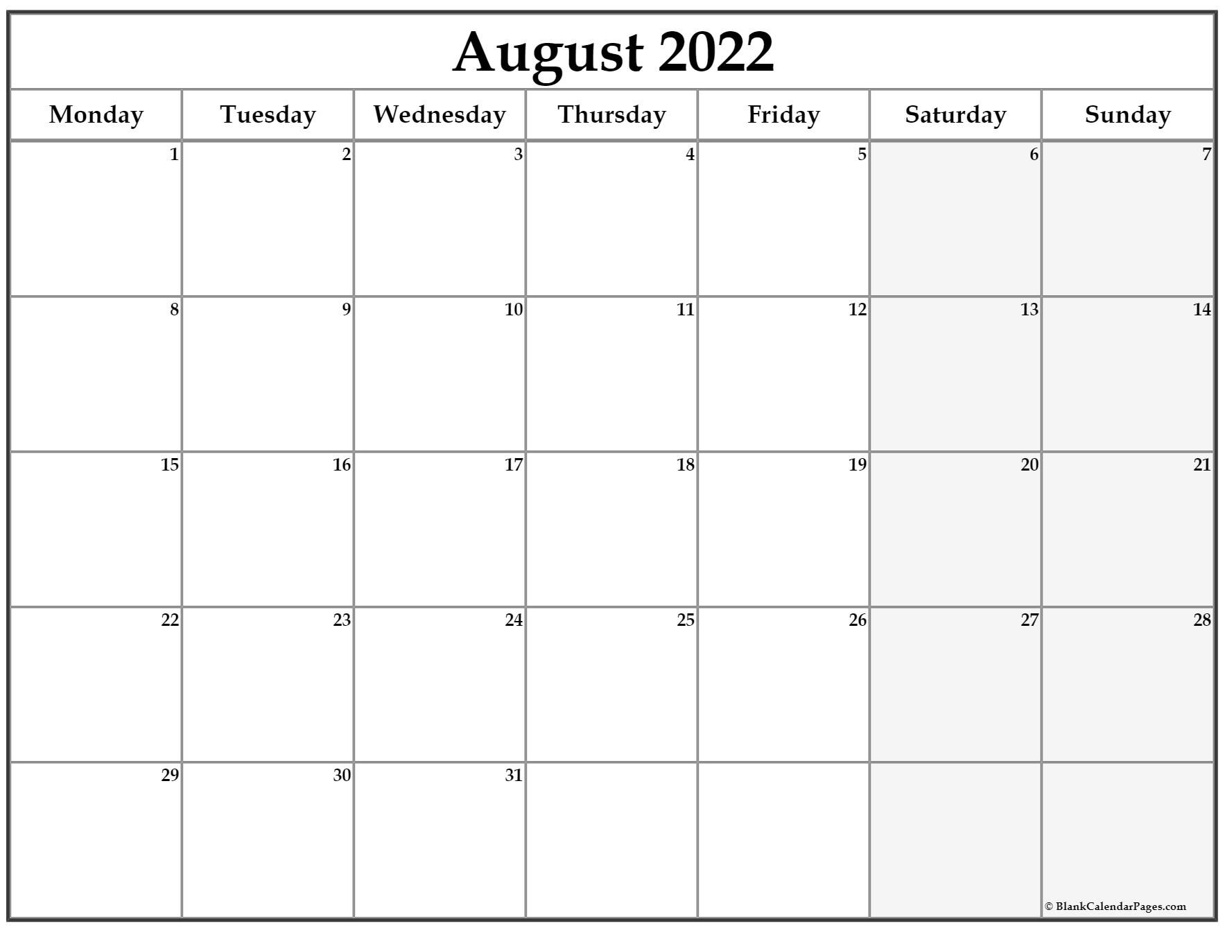 August 2022 Monday Calendar | Monday To Sunday