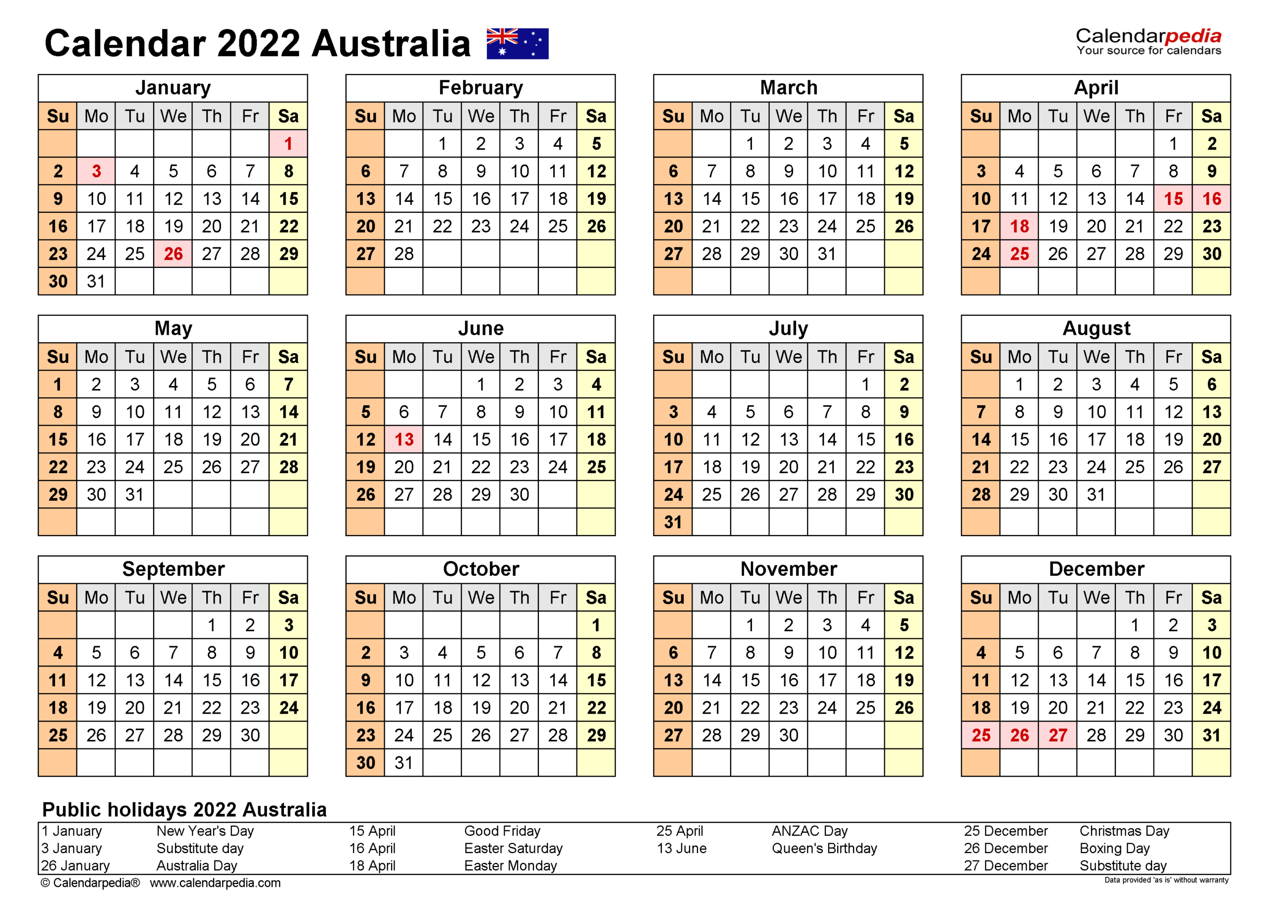 Australia Calendar 2022 Free Printable Excel Templates