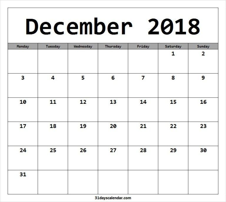 available december 2018 calendar starting monday | monday
