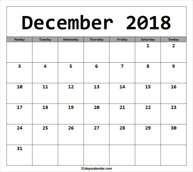 Available December 2018 Calendar Starting Monday | Monday