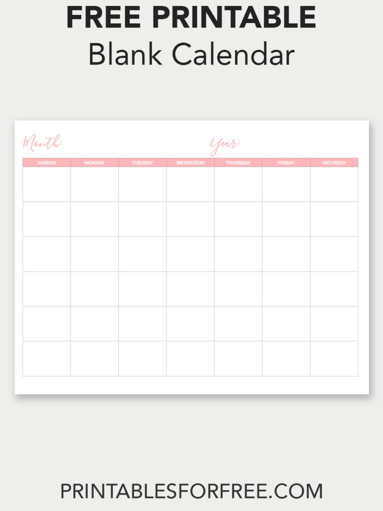 Blank Calendar (monthly Sunday Start) Printables For