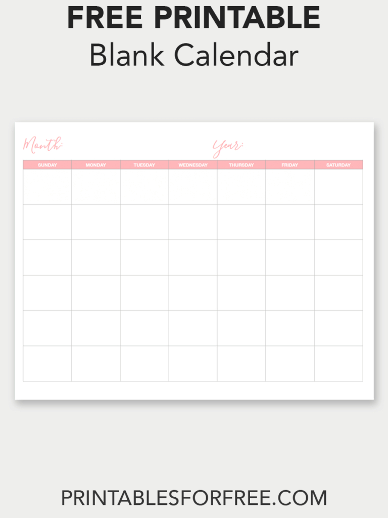 blank calendar (monthly sunday start) printables for