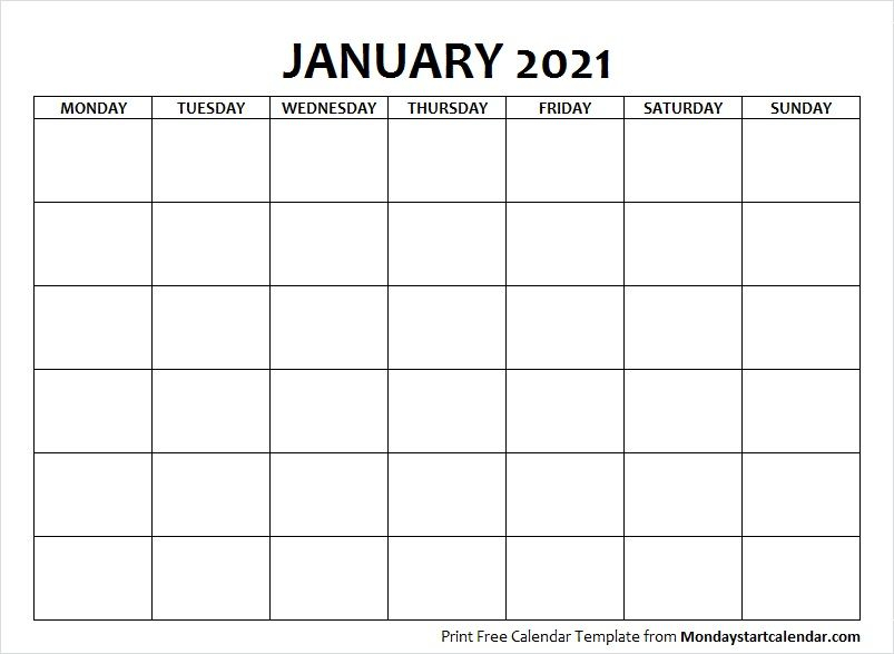 Blank January 2021 Calendar Monday Start Template To Print