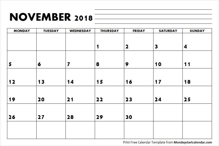 Blank November Calendar 2018 Starting Monday | November