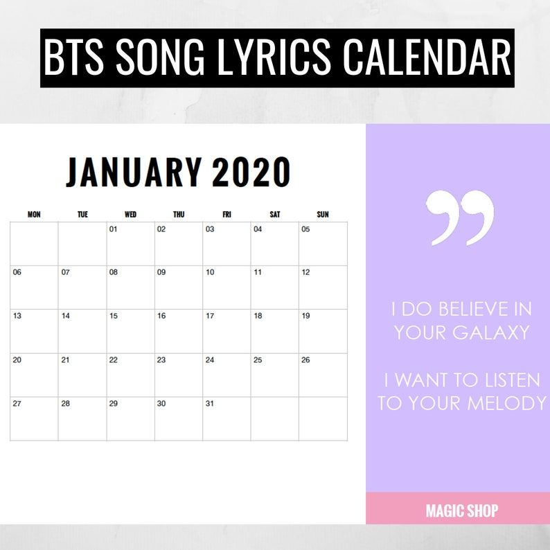 bts song lyric calendar 2020 printable bts wall calendar