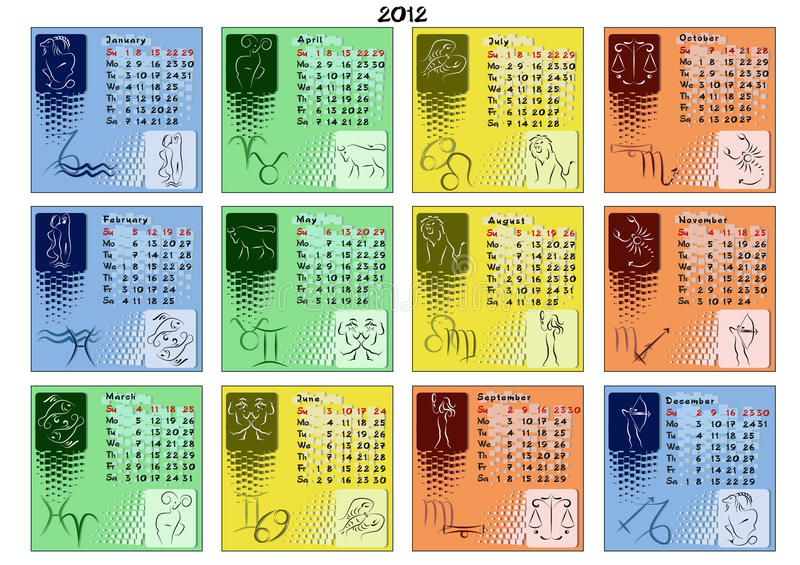 Calendar 2012 With Zodiac Signs Stock Vector