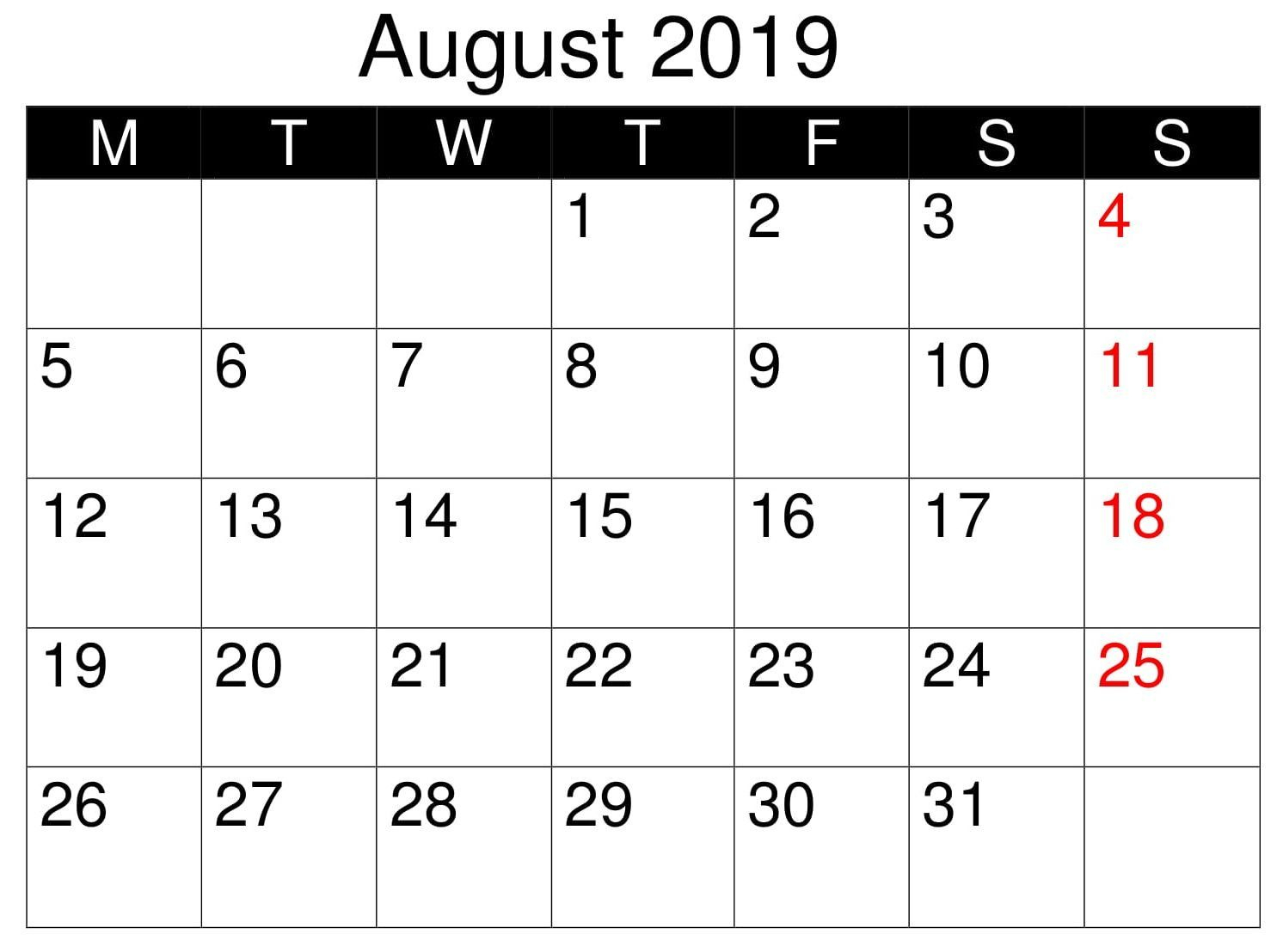 Calendar August 2019 Monthly Template #cute #printable