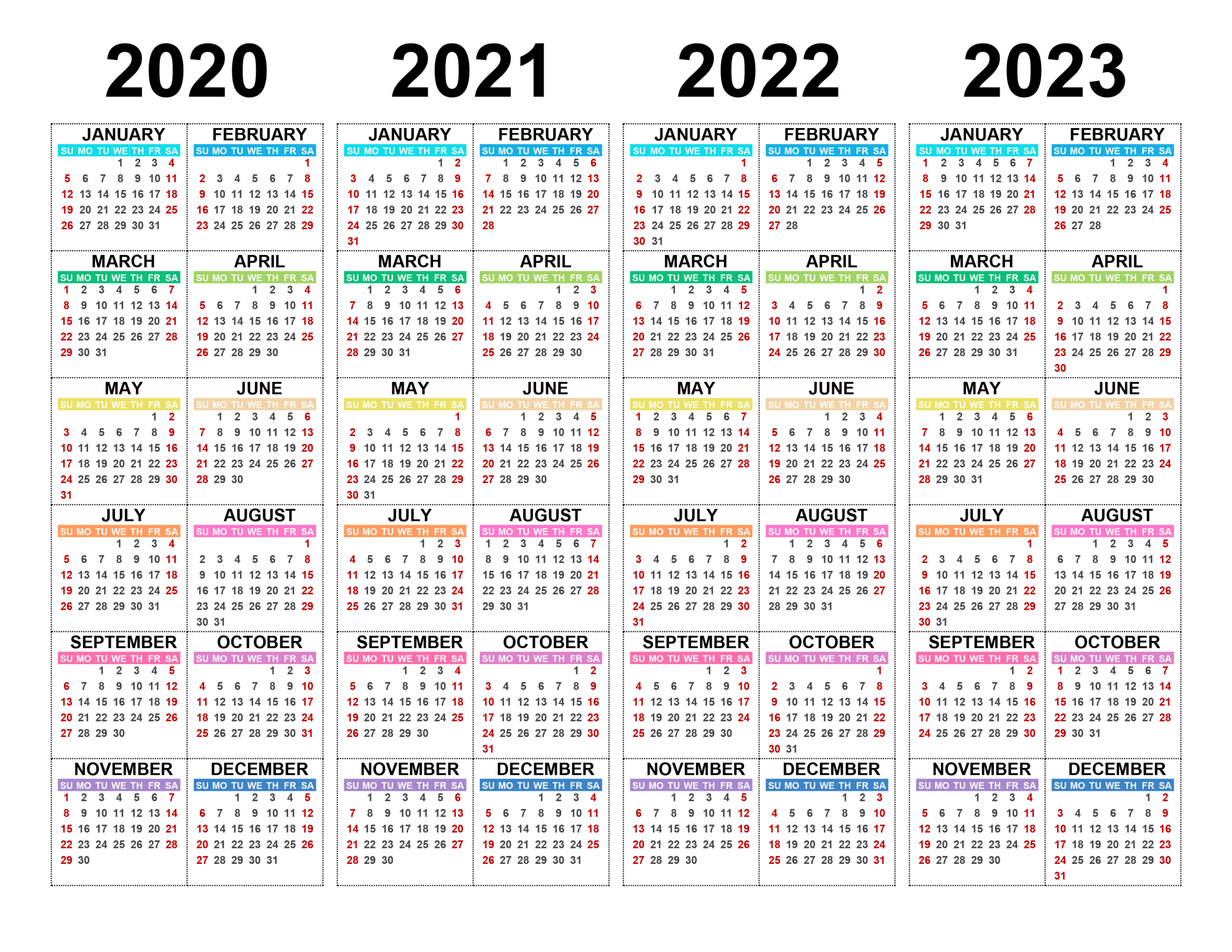 calendar for 2020, 2021, 2022, 2023 free calendar su