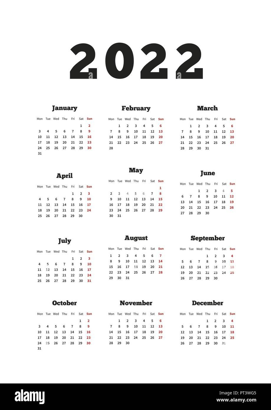 Calendar On 2022 Year With Week Starting From Monday, A4