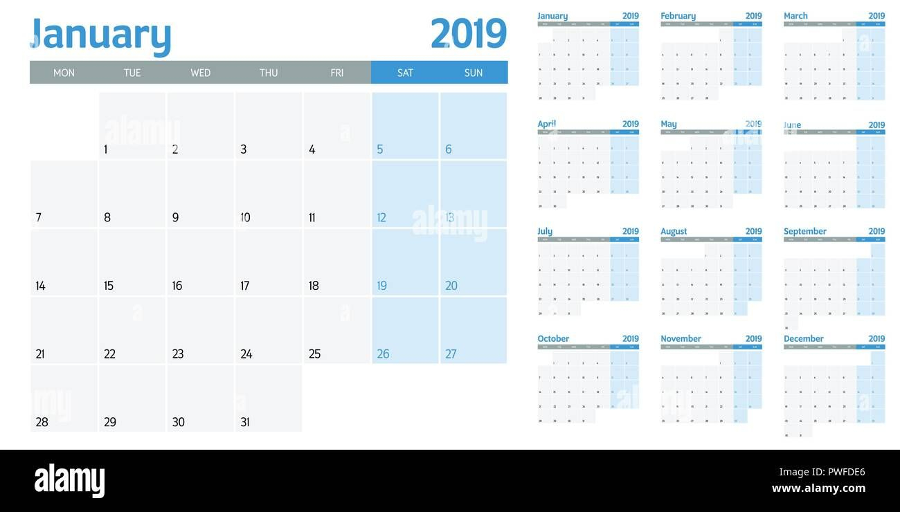 Calendar Planner 2019 Template Vector Illustration All 12