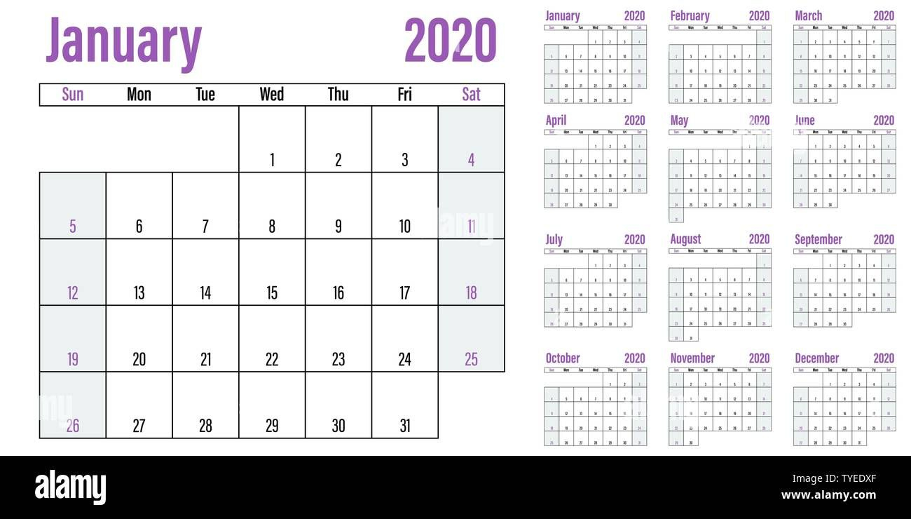 Calendar Planner 2020 Template Vector Illustration All 12