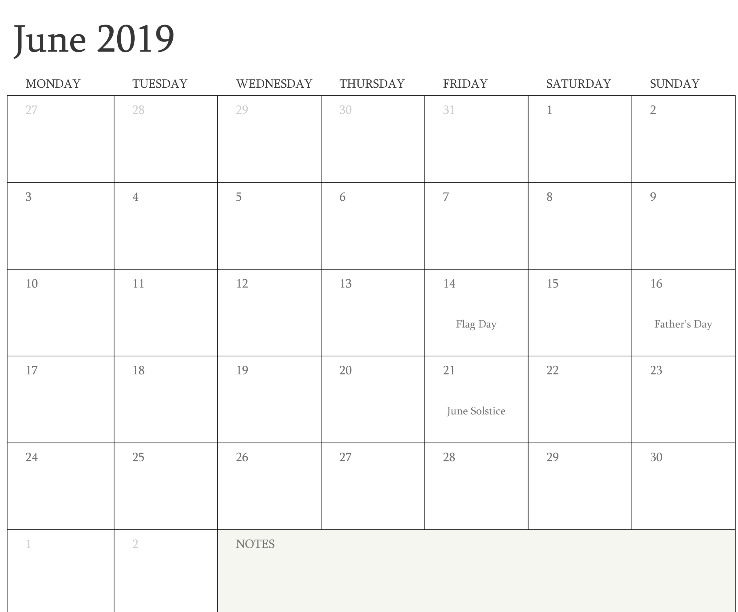 Customize June 2019 Fillable Calendar With Notes Large