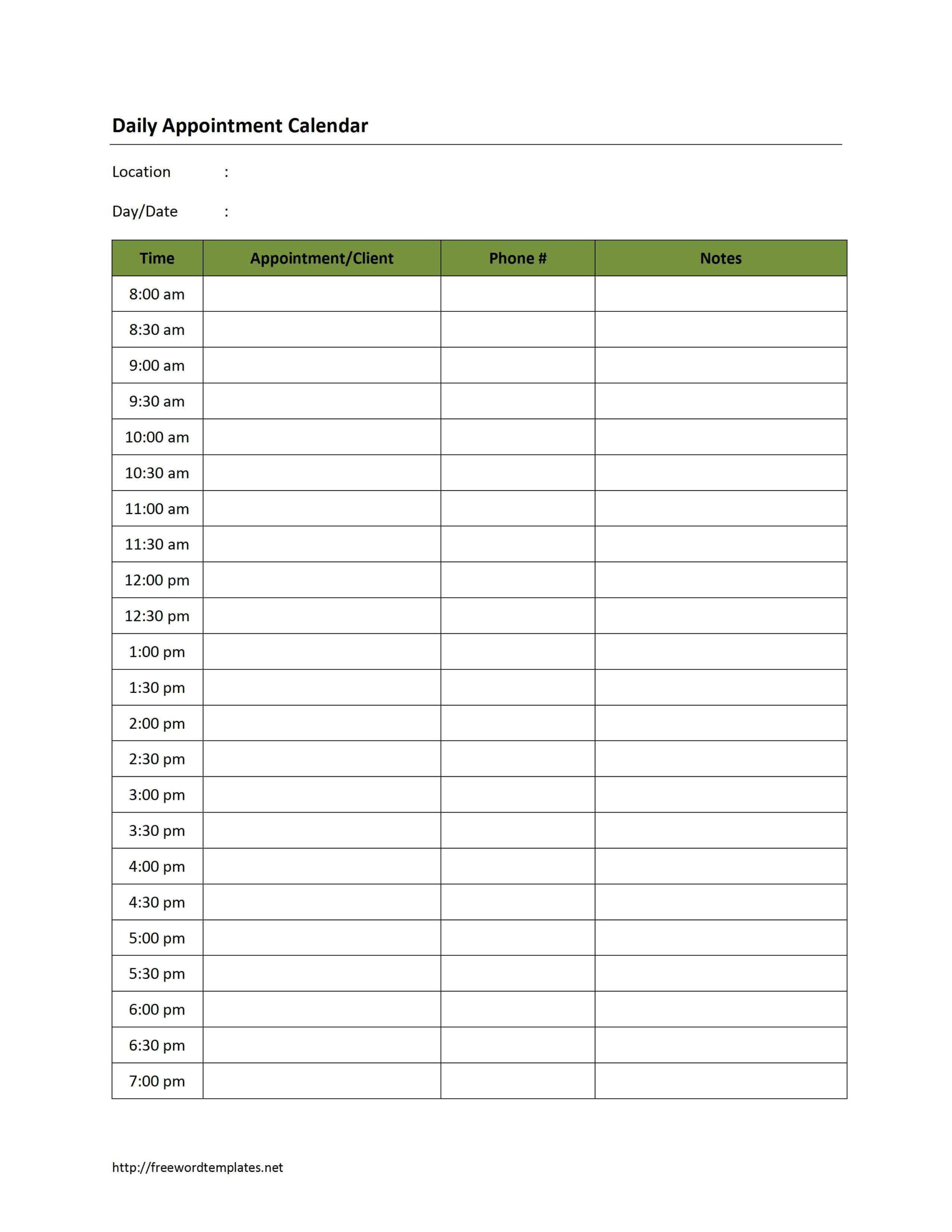 daily appointment calendar template | appointment calendar