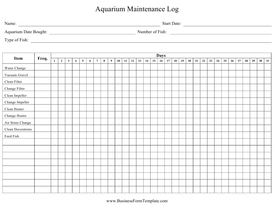 Daily Aquarium Maintenance Log Sheet Download Printable