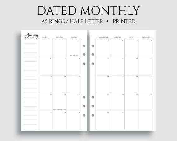 dated monthly calendar planner inserts, sunday start