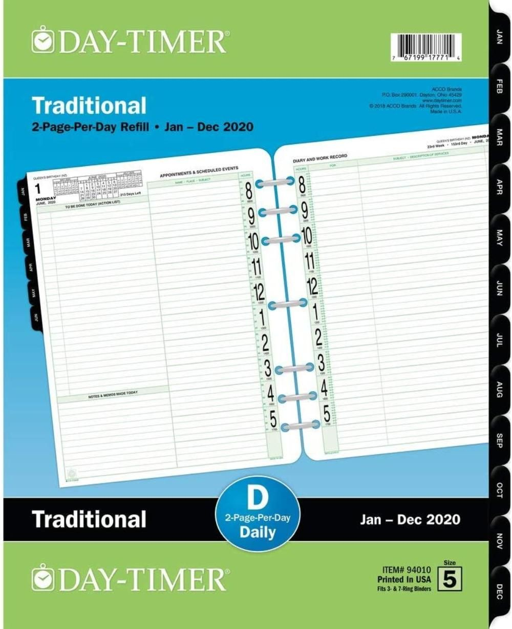 day timer 2020 daily planner refill, 8 1/2&quot; x 11&quot;, folio